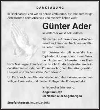 Traueranzeige von Günter Ader von Südthüringer Presse