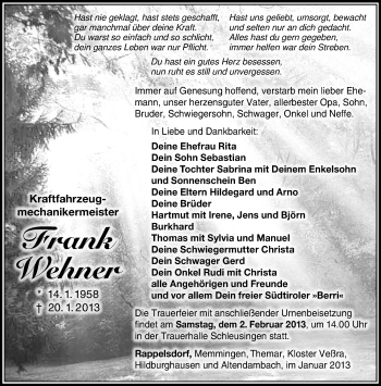 Traueranzeige von Frank Wehner von Südthüringer Presse