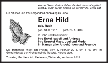 Traueranzeige von Erna Hild von Südthüringer Presse
