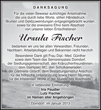 Traueranzeige von Ursula Fischer von Südthüringer Presse