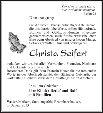 Traueranzeige von Christa Seifert von Südthüringer Presse