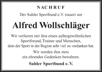 Traueranzeige von Alfred Wollschläger von Südthüringer Presse