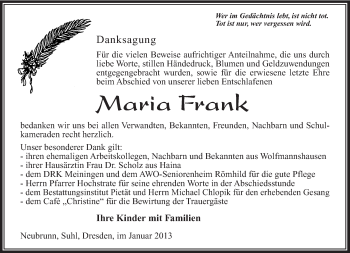 Traueranzeige von Maria Frank von Südthüringer Presse