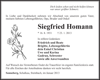 Traueranzeige von Siegfried Homann von Südthüringer Presse