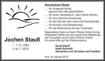 Traueranzeige von Jochen Stauß von Frankenpost
