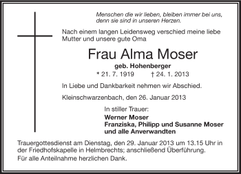 Traueranzeige von Alma Moser von Frankenpost