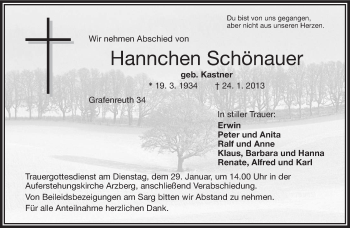 Traueranzeige von Hannchen Schönauer von Frankenpost