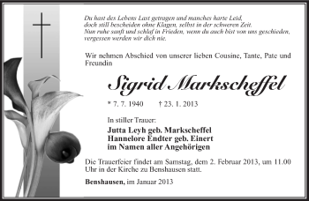 Traueranzeige von Sigrid Markscheffel von Südthüringer Presse