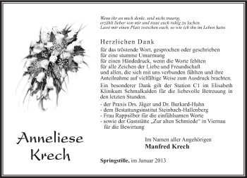 Traueranzeige von Anneliese Krech von Südthüringer Presse