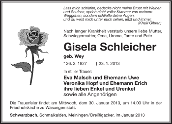 Traueranzeige von Gisela Schleicher von Südthüringer Presse