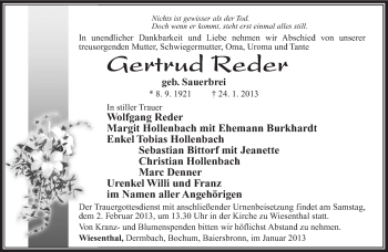 Traueranzeige von Gertrud Reder von Südthüringer Presse