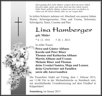 Traueranzeige von Lisa Hamberger von Südthüringer Presse