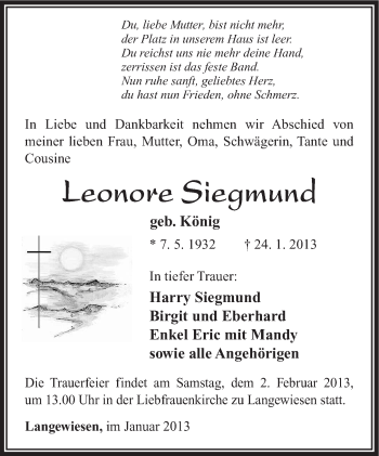 Traueranzeige von Leonore Siegmund von Südthüringer Presse
