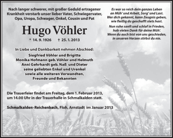 Traueranzeige von Hugo Vöhler von Südthüringer Presse