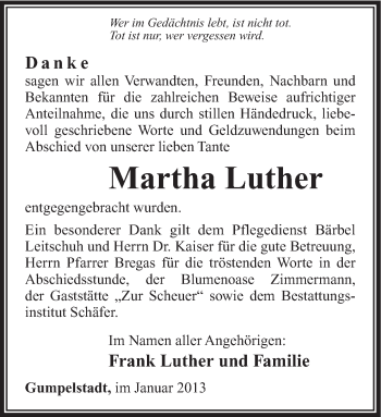Traueranzeige von Martha Luther von Südthüringer Presse