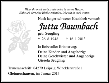 Traueranzeige von Jutta Baumbach von Südthüringer Presse