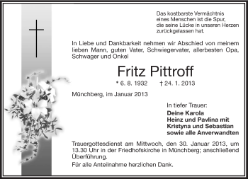 Traueranzeige von Fritz Pittroff von Frankenpost