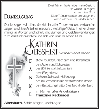 Traueranzeige von Kathrin Geißhirt von Südthüringer Presse