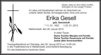 Traueranzeige von Erika Gesell von Frankenpost