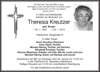 Traueranzeige von Theresia Kreutzer von Frankenpost