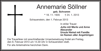Traueranzeige von Annemarie Söllner von Frankenpost