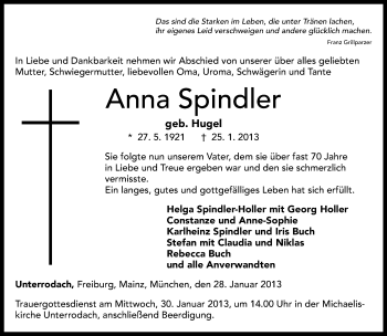 Traueranzeige von Anna Spindler von Neue Presse Coburg