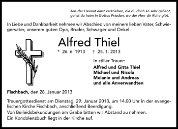 Traueranzeige von Alfred Thiel von Neue Presse Coburg