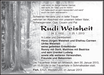 Traueranzeige von Rudi Weisheit von Südthüringer Presse
