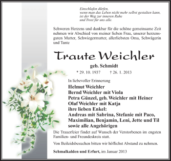 Traueranzeige von Traute Weichler von Südthüringer Presse
