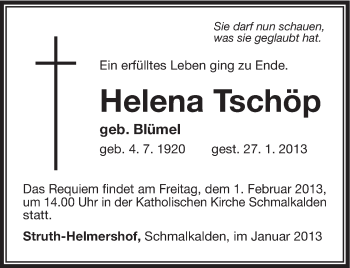 Traueranzeige von Helena Tschöp von Südthüringer Presse