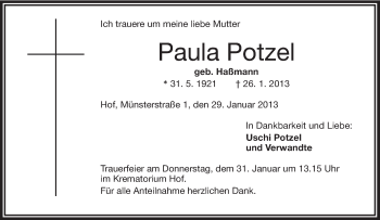 Traueranzeige von Paula Potzel von Frankenpost