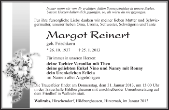 Traueranzeige von Margot Reinert von Südthüringer Presse