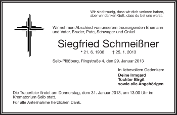 Traueranzeige von Siegfried Schmeißner von Frankenpost