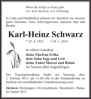 Traueranzeige von Karl-Heinz Schwarz von Südthüringer Presse