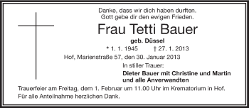Traueranzeige von Tetti Bauer von Frankenpost