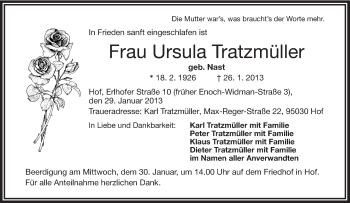 Traueranzeige von Ursula Tratzmüller von Frankenpost