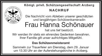 Traueranzeige von Hanna Schönauer von Frankenpost