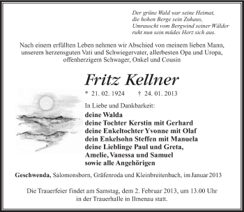 Traueranzeige von Fritz Kellner von Südthüringer Presse