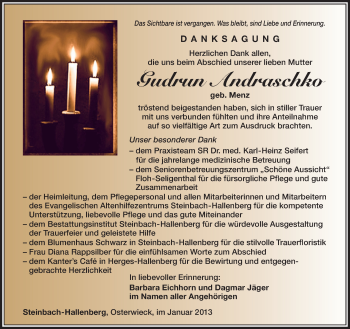 Traueranzeige von Gudrun Andraschko von Südthüringer Presse