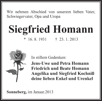 Traueranzeige von Siegfried Homann von Südthüringer Presse