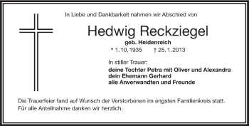 Traueranzeige von Hedwig Reckziegel von Frankenpost