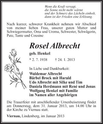 Traueranzeige von Rosel Albrecht von Südthüringer Presse