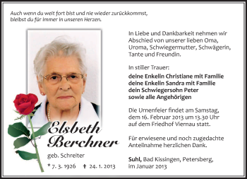 Traueranzeige von Elsbeth Berchner von Südthüringer Presse