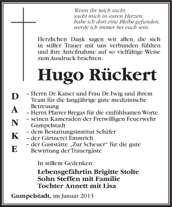 Traueranzeige von Hugo Rückert von Südthüringer Presse