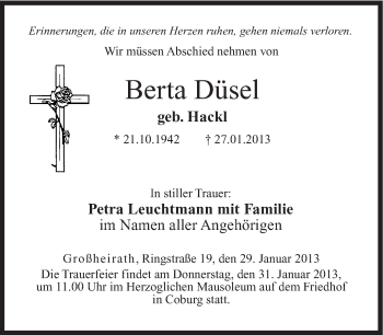 Traueranzeige von Berta Düsel von Neue Presse Coburg