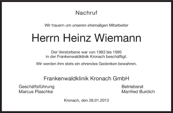 Traueranzeige von Heinz Wiemann von Neue Presse Coburg