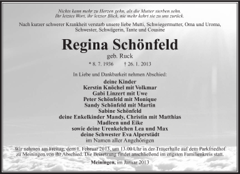 Traueranzeige von Regina Schönfeld von Südthüringer Presse