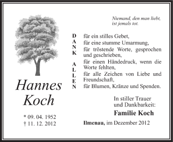 Traueranzeige von Hannes Koch von Südthüringer Presse