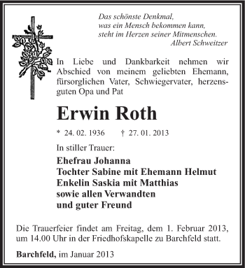 Traueranzeige von Erwin Roth von Südthüringer Presse