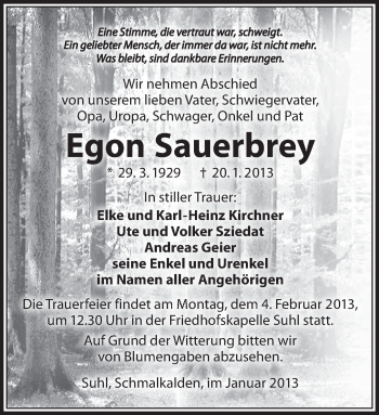 Traueranzeige von Egon Sauerbrey von Südthüringer Presse